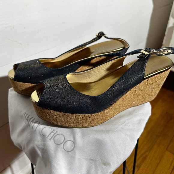 Jimmy Choo Platforms Denim Shimmer with Gold Accents - Picture 2 of 6
